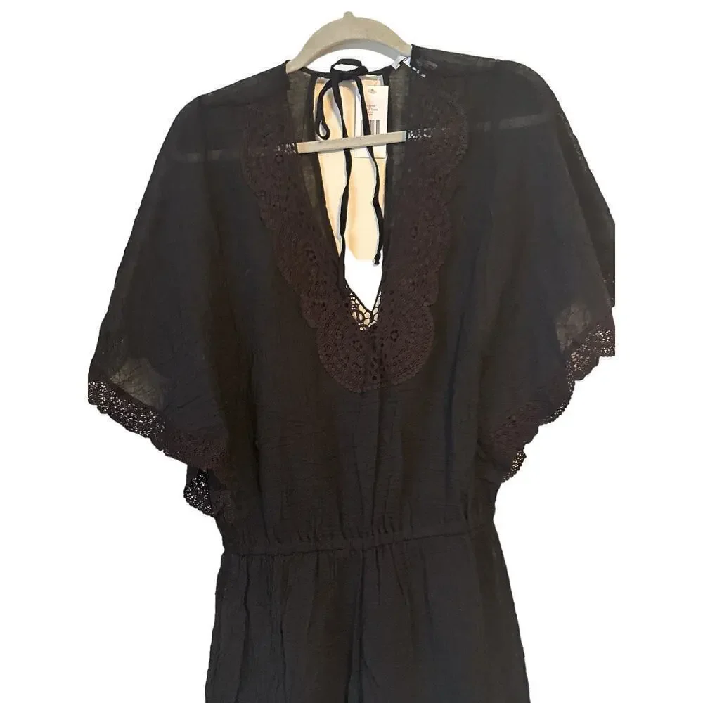 Eberjey Women's Sol Liberty Lace Trimmed Swim Cover-Up Romper Size S/M Black NWT